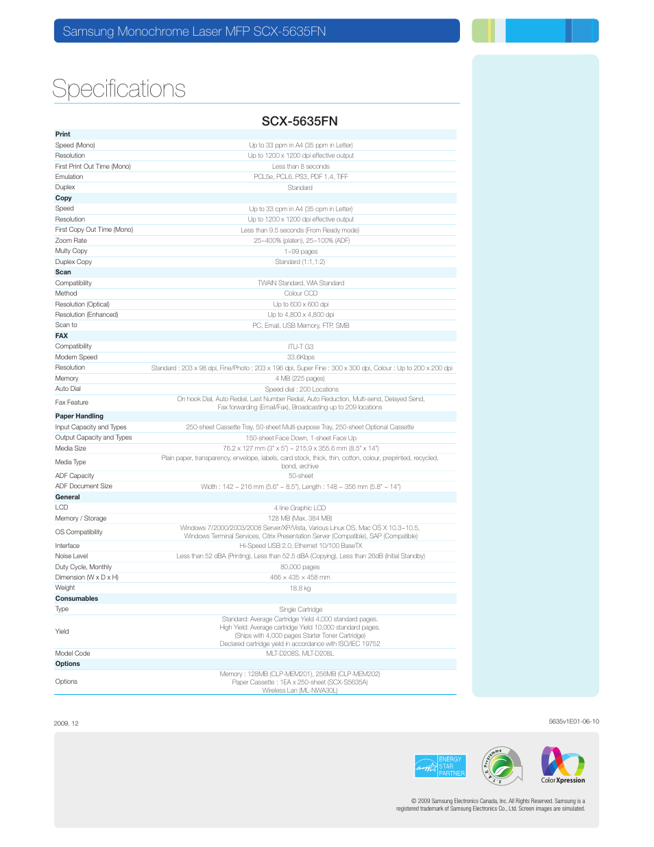 Specifications, Scx-5635fn, Samsung monochrome laser mfp scx-5635fn | Samsung SCX-5635FN-XAA User Manual | Page 2 / 6