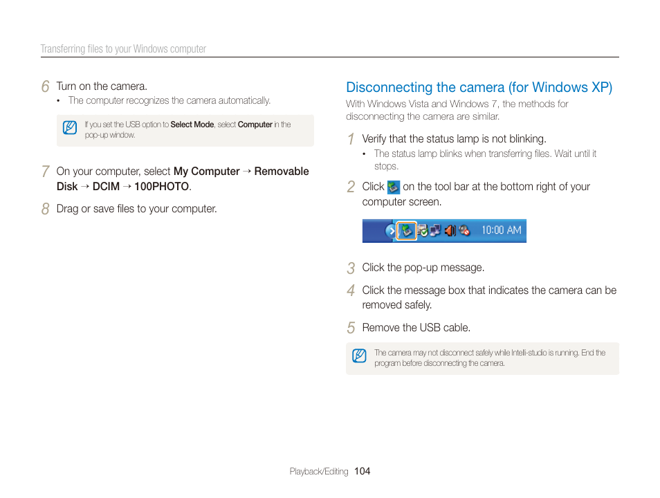 Disconnecting the camera (for windows xp), Disconnecting the camera, For windows xp) ……………………… 104 | Samsung EC-DV300FBPUUS User Manual | Page 105 / 168