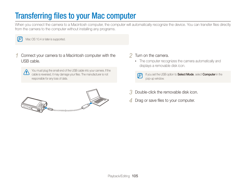 Transferring files to your mac computer, Transferring ﬁles to your mac computer, Transferring ﬁles to your | Mac computer | Samsung EC-DV300FBPUUS User Manual | Page 106 / 168