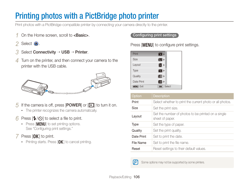 Printing photos with a pictbridge photo printer, Printing photos with a pictbridge, Photo printer | Samsung EC-DV300FBPUUS User Manual | Page 107 / 168