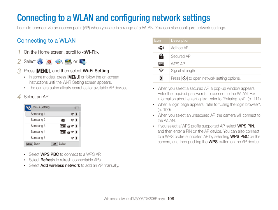Connecting to a wlan, Connecting to a wlan and conﬁguring, Network settings | Connecting to a wlan ………………… 108 | Samsung EC-DV300FBPUUS User Manual | Page 109 / 168