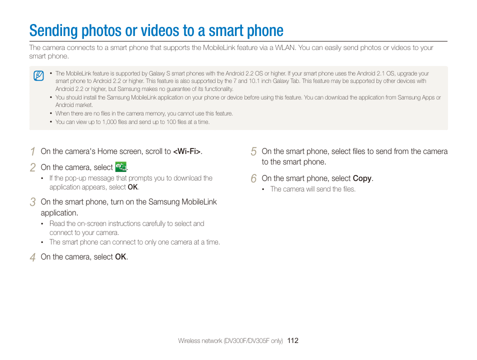 Sending photos or videos to a smart phone, Sending photos or videos to a, Smart phone | Samsung EC-DV300FBPUUS User Manual | Page 113 / 168