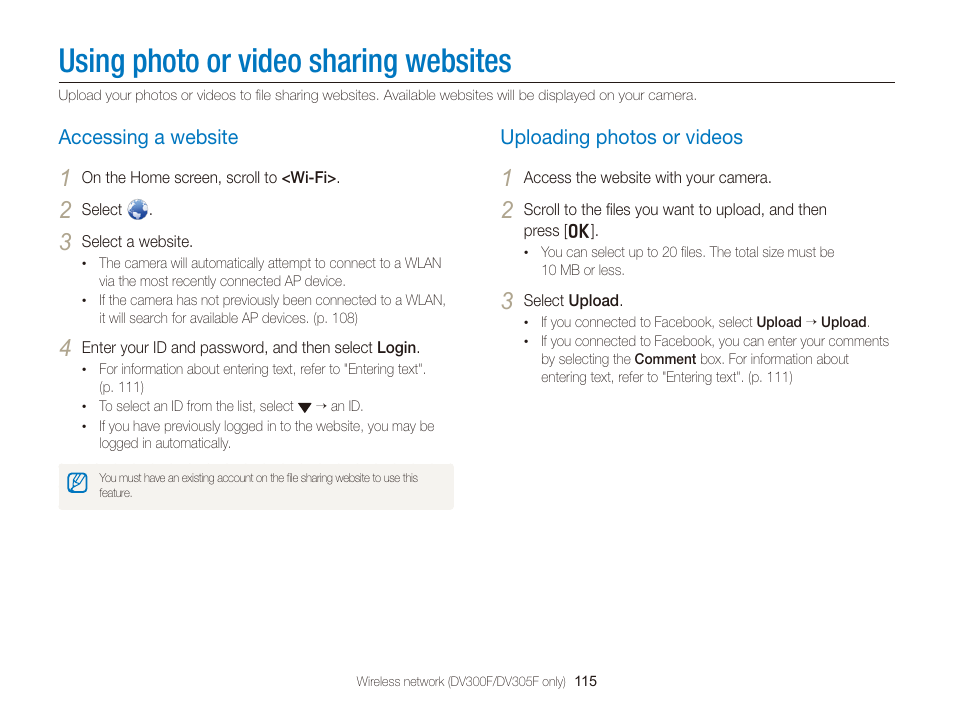 Using photo or video sharing websites, Accessing a website, Uploading photos or videos | Using photo or video sharing, Websites, Accessing a website …………………… 115, Uploading photos or videos …………… 115 | Samsung EC-DV300FBPUUS User Manual | Page 116 / 168