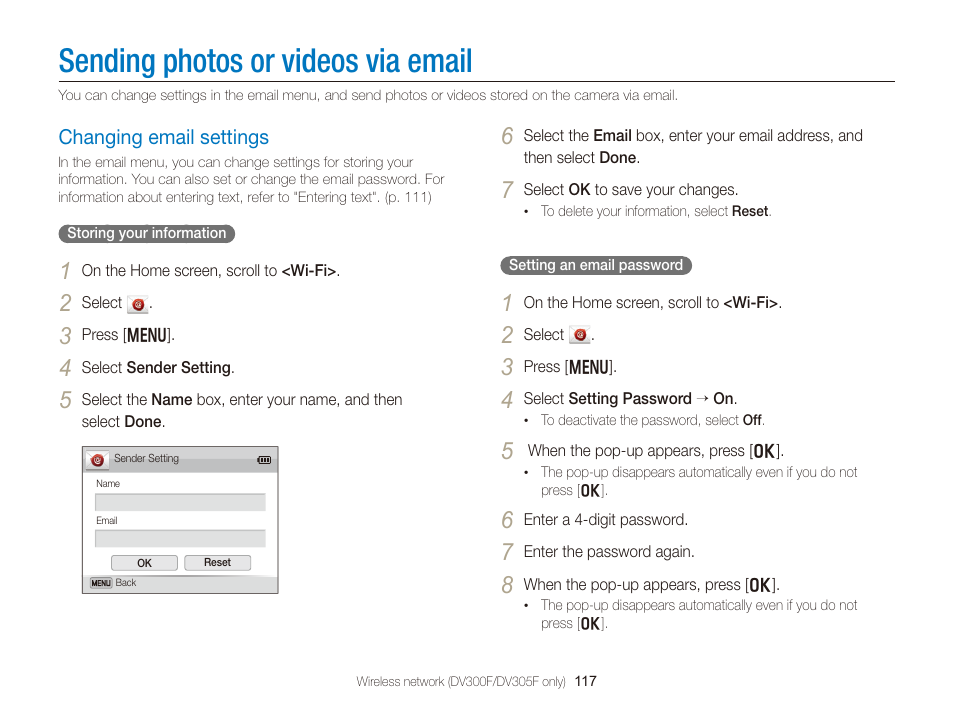 Sending photos or videos via email, Changing email settings, Changing email settings ……………… 117 | Samsung EC-DV300FBPUUS User Manual | Page 118 / 168