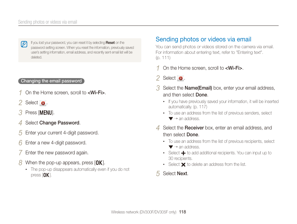 Sending photos or videos via email, Sending photos or videos via email …… 118 | Samsung EC-DV300FBPUUS User Manual | Page 119 / 168