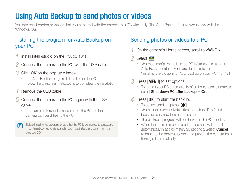 Using auto backup to send photos or videos, Installing the program for auto backup on your pc, Sending photos or videos to a pc | Using auto backup to send, Photos or videos, Installing the program for, Auto backup on your pc ……………… 121, Sending photos or videos to a pc …… 121 | Samsung EC-DV300FBPUUS User Manual | Page 122 / 168