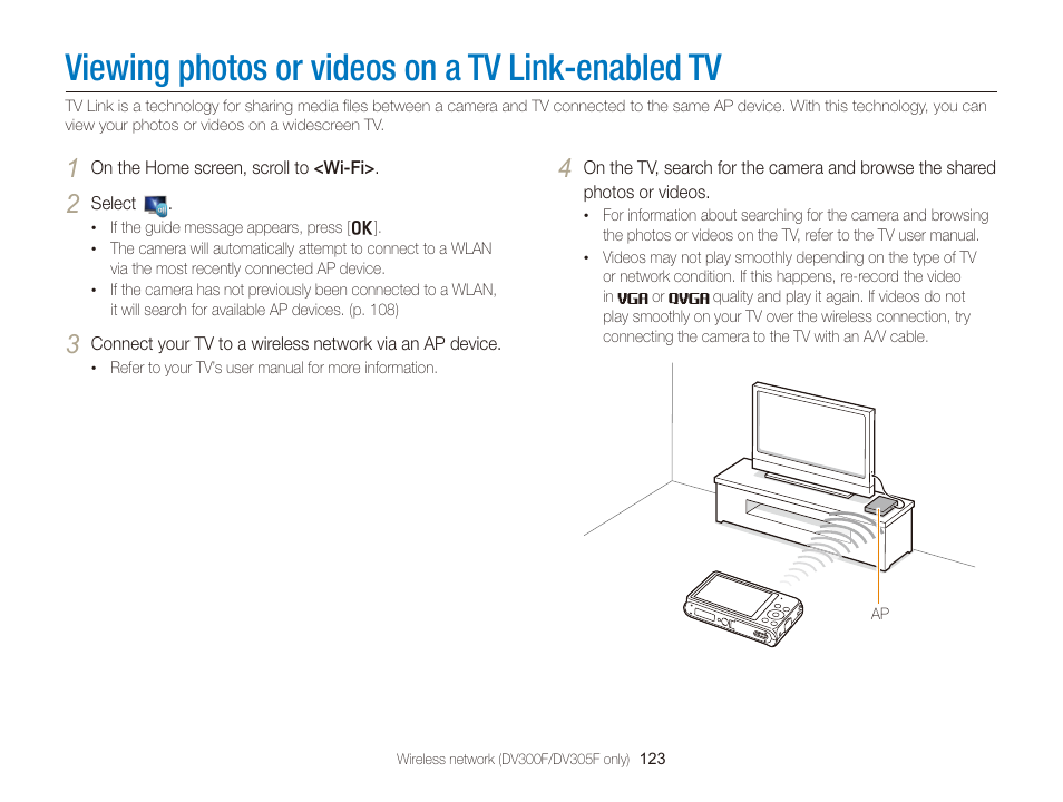 Viewing photos or videos on a tv link-enabled tv, Viewing photos or videos on a, Tv link-enabled tv | Samsung EC-DV300FBPUUS User Manual | Page 124 / 168