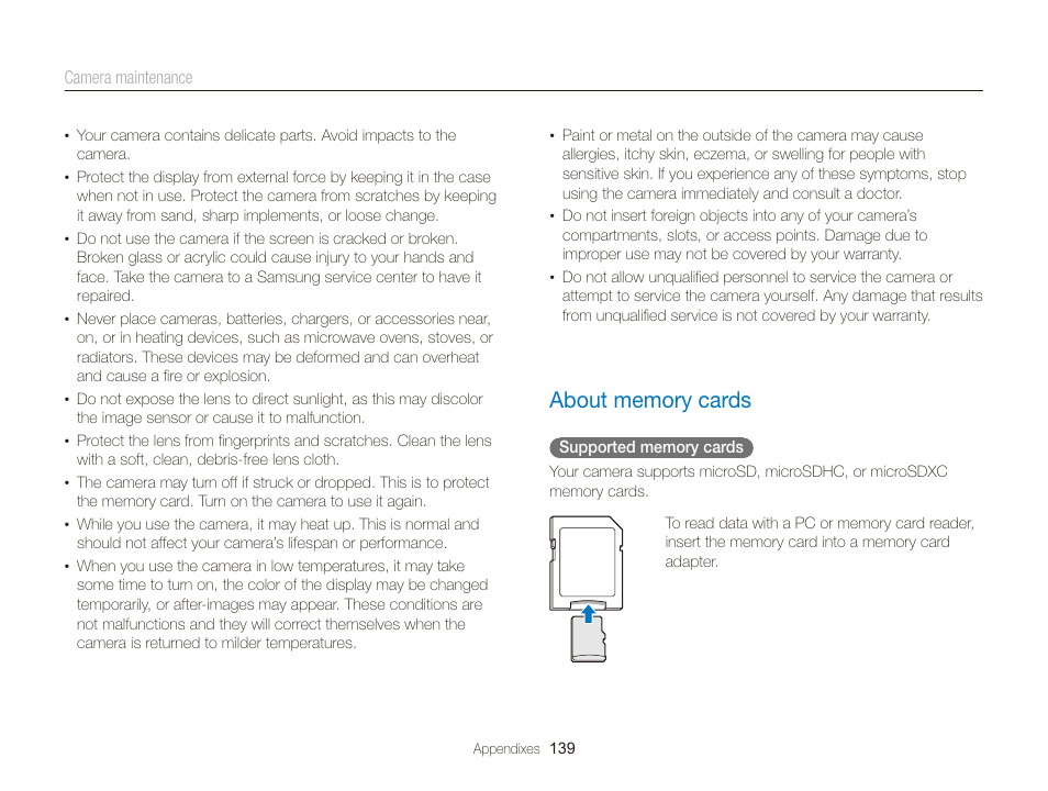 About memory cards, About memory cards ……………………………… 139 | Samsung EC-DV300FBPUUS User Manual | Page 140 / 168