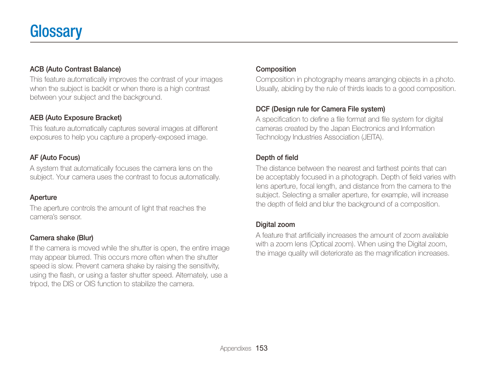 Glossary | Samsung EC-DV300FBPUUS User Manual | Page 154 / 168