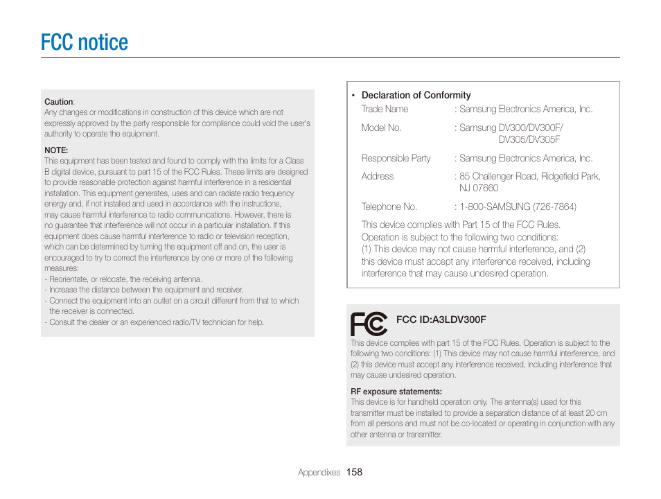 Fcc notice | Samsung EC-DV300FBPUUS User Manual | Page 159 / 168