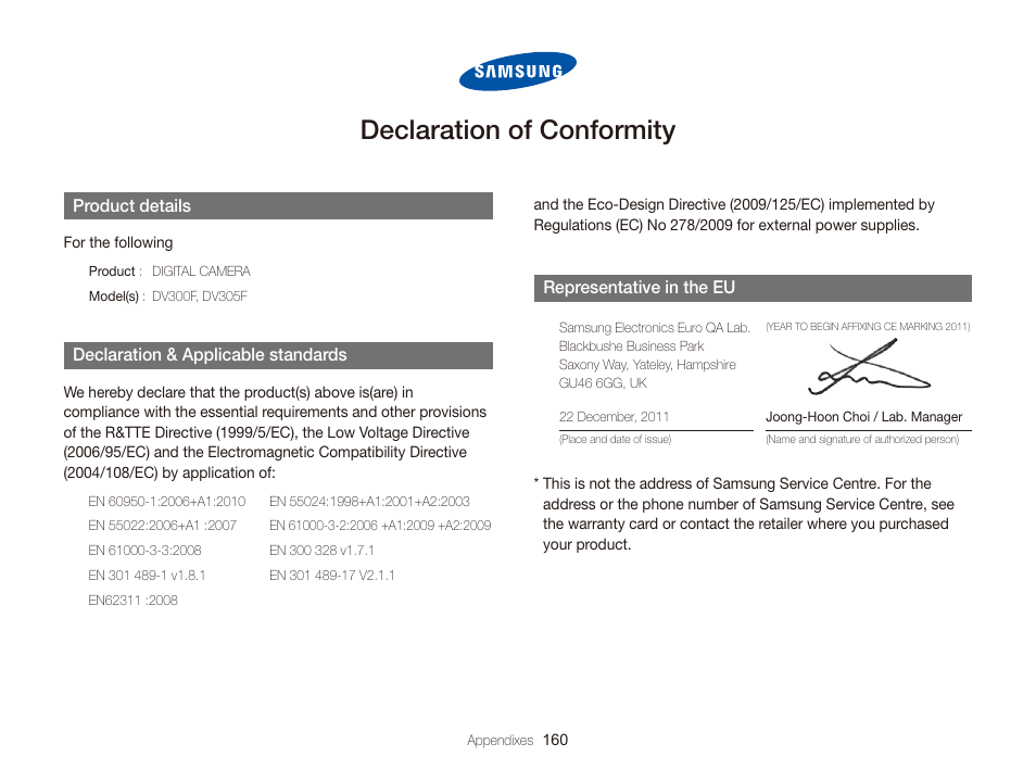 Declaration of conformity | Samsung EC-DV300FBPUUS User Manual | Page 161 / 168