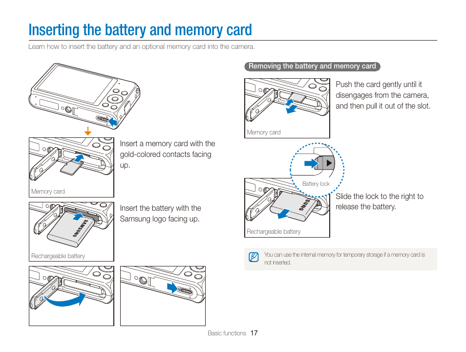 Inserting the battery and memory card | Samsung EC-DV300FBPUUS User Manual | Page 18 / 168