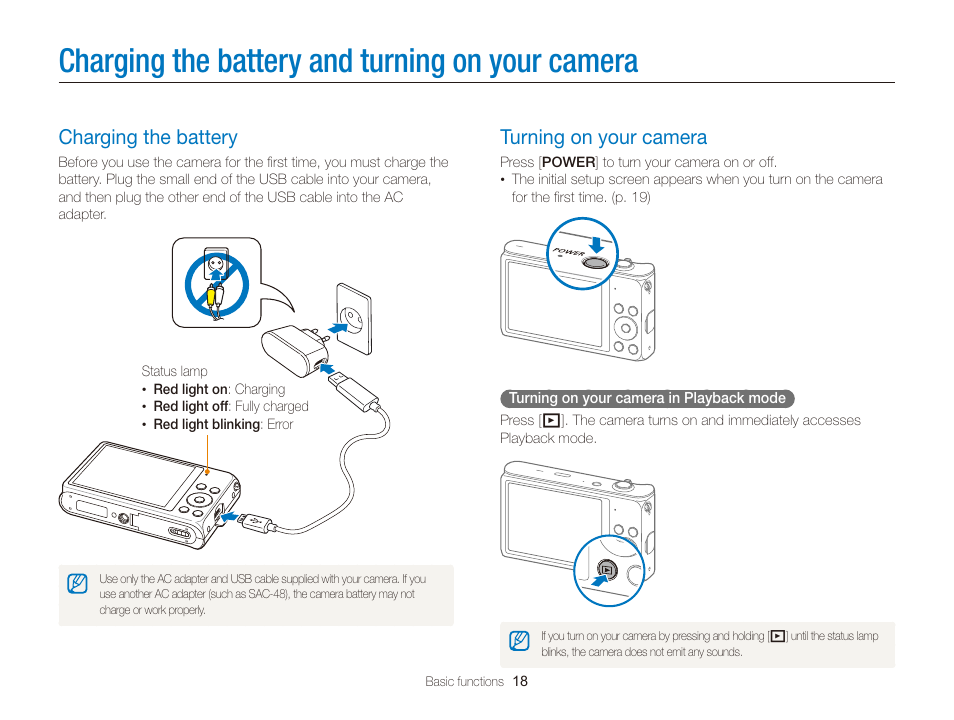 Charging the battery and turning on your camera, Charging the battery, Turning on your camera | Charging the battery and turning on, Your camera, Charging the battery ……………………… 18, Turning on your camera ………………… 18 | Samsung EC-DV300FBPUUS User Manual | Page 19 / 168