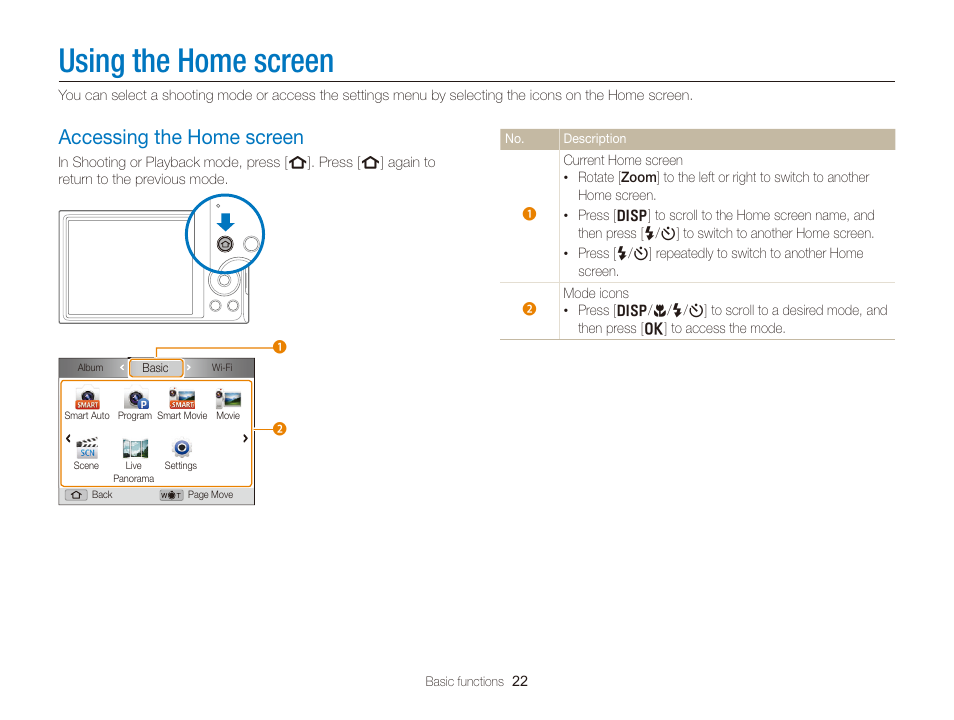 Using the home screen, Accessing the home screen, Accessing the home screen ……………… 22 | Samsung EC-DV300FBPUUS User Manual | Page 23 / 168