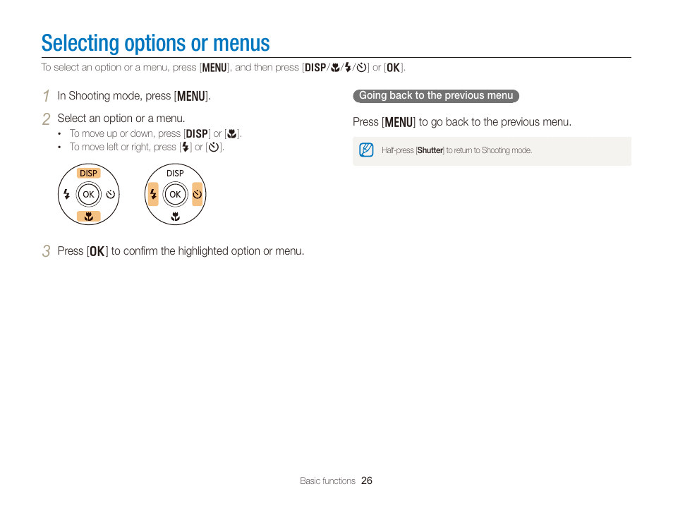 Selecting options or menus | Samsung EC-DV300FBPUUS User Manual | Page 27 / 168