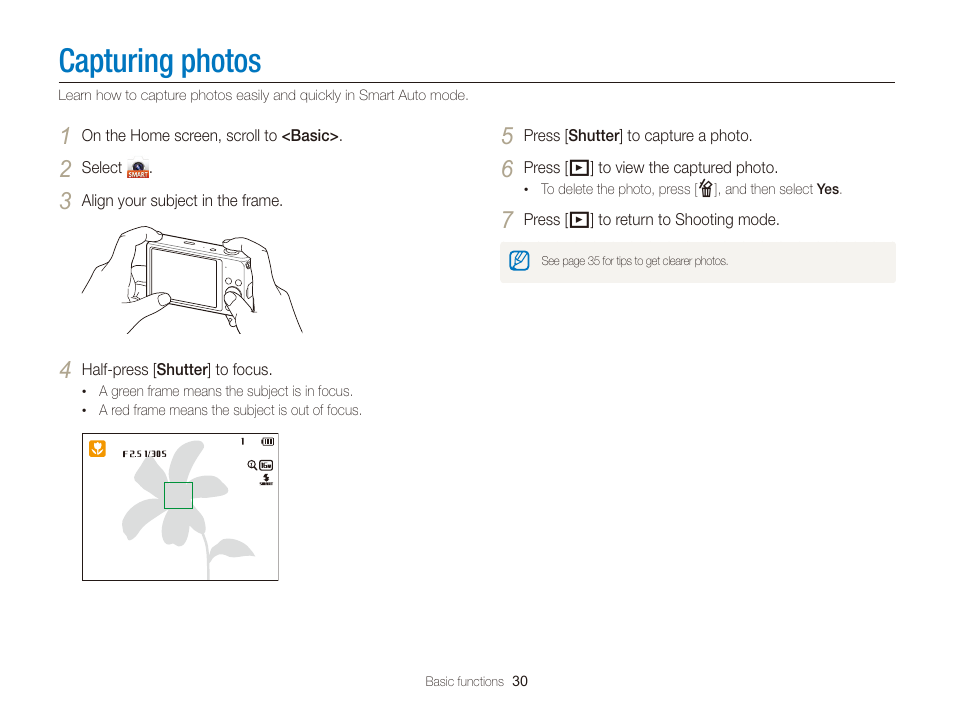 Capturing photos | Samsung EC-DV300FBPUUS User Manual | Page 31 / 168