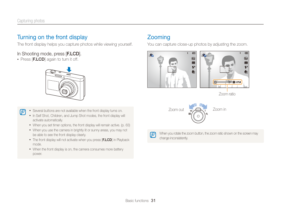 Turning on the front display, Zooming, Turning on the front display ……………… 31 | Zooming ………………………………… 31 | Samsung EC-DV300FBPUUS User Manual | Page 32 / 168