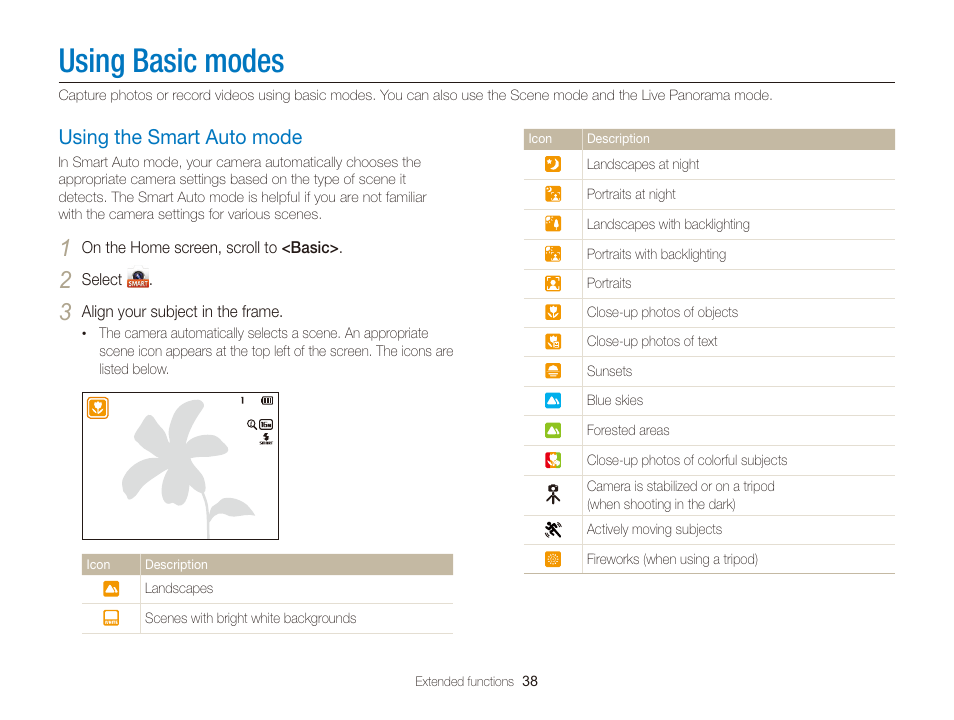 Using basic modes, Using the smart auto mode, Using the smart auto mode ……………… 38 | Samsung EC-DV300FBPUUS User Manual | Page 39 / 168