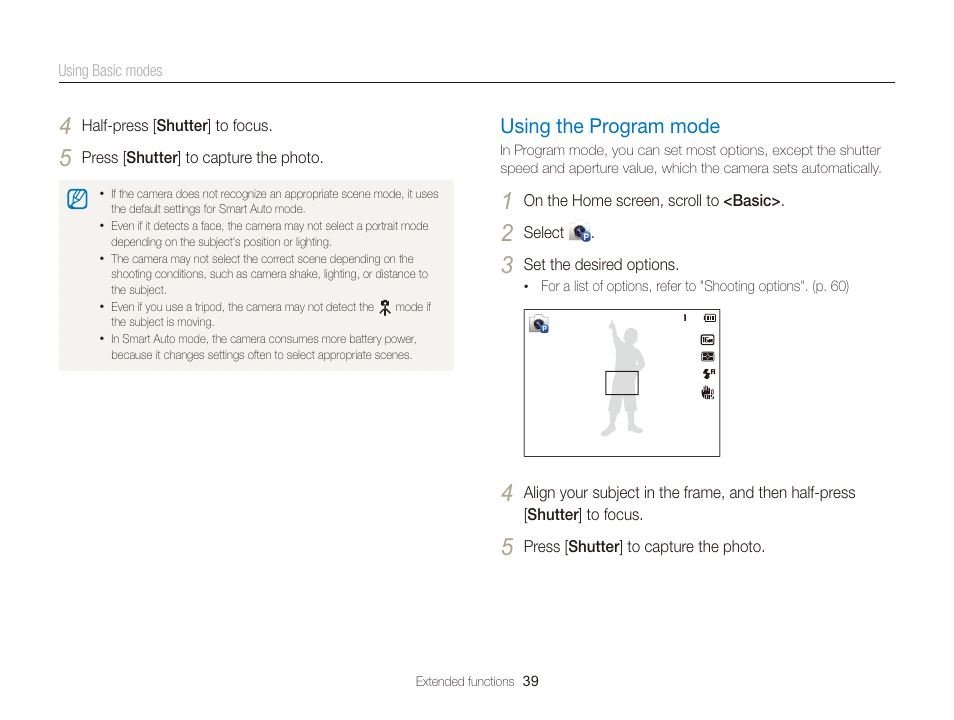 Using the program mode, Using the program mode ………………… 39 | Samsung EC-DV300FBPUUS User Manual | Page 40 / 168