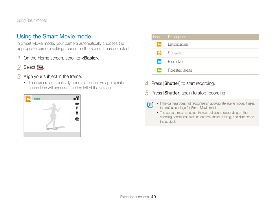 Using the smart movie mode, Using the smart movie mode …………… 40 | Samsung EC-DV300FBPUUS User Manual | Page 41 / 168