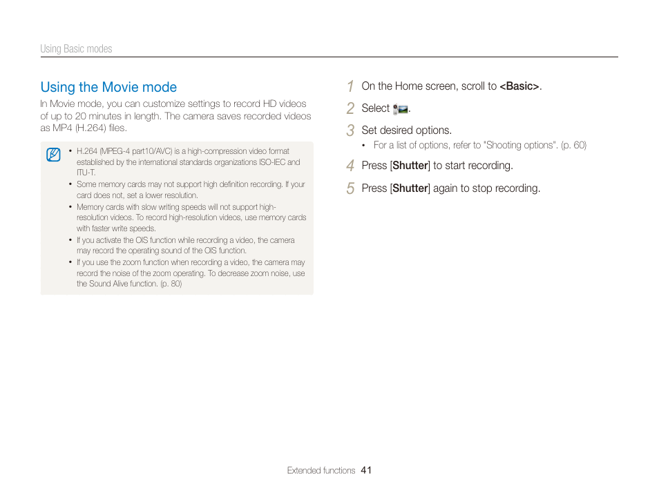 Using the movie mode, Using the movie mode …………………… 41 | Samsung EC-DV300FBPUUS User Manual | Page 42 / 168