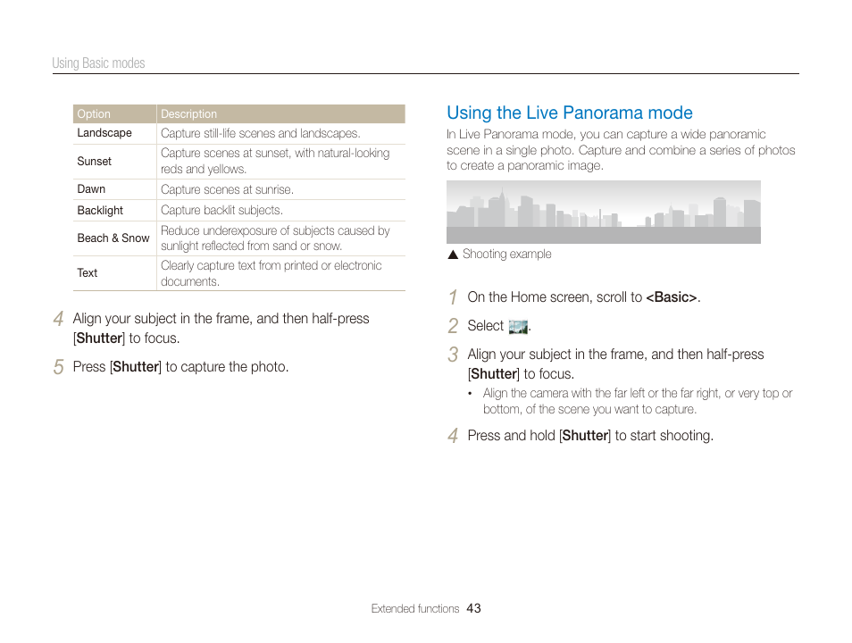 Using the live panorama mode, Using the live panorama mode ………… 43 | Samsung EC-DV300FBPUUS User Manual | Page 44 / 168