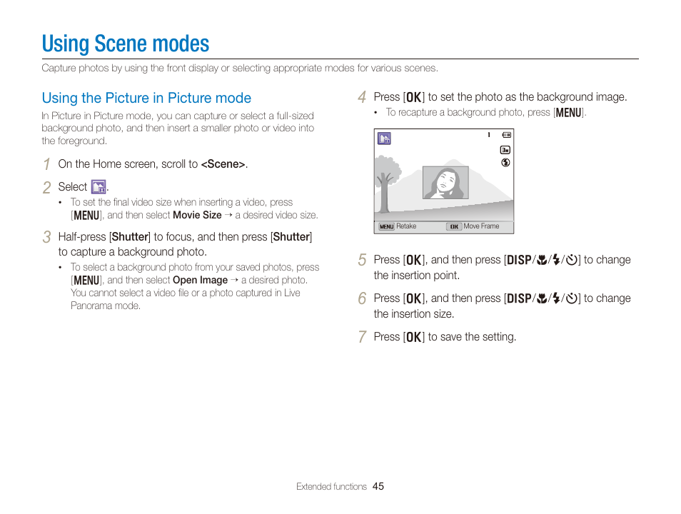Using scene modes, Using the picture in picture mode, Using the picture in picture mode ………… 45 | Samsung EC-DV300FBPUUS User Manual | Page 46 / 168