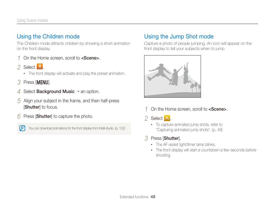 Using the children mode, Using the jump shot mode, Using the children mode ………………… 48 | Using the jump shot mode ……………… 48 | Samsung EC-DV300FBPUUS User Manual | Page 49 / 168