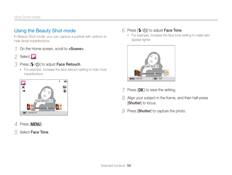 Using the beauty shot mode, Using the beauty shot mode …………… 50 | Samsung EC-DV300FBPUUS User Manual | Page 51 / 168