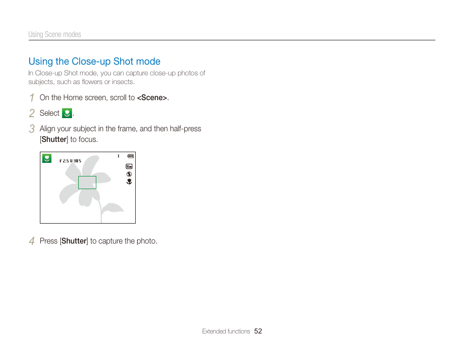 Using the close-up shot mode, Using the close-up shot mode ………… 52 | Samsung EC-DV300FBPUUS User Manual | Page 53 / 168
