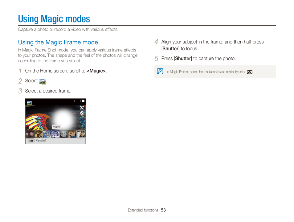 Using magic modes, Using the magic frame mode, Using the magic frame mode …………… 53 | Samsung EC-DV300FBPUUS User Manual | Page 54 / 168