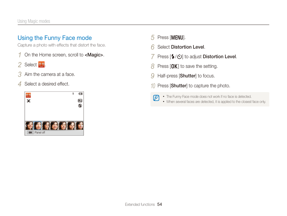 Using the funny face mode, Using the funny face mode ……………… 54 | Samsung EC-DV300FBPUUS User Manual | Page 55 / 168