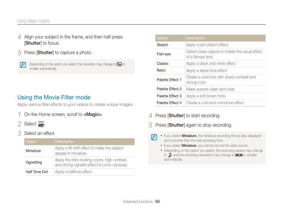 Using the movie filter mode, Using the movie filter mode ……………… 56 | Samsung EC-DV300FBPUUS User Manual | Page 57 / 168