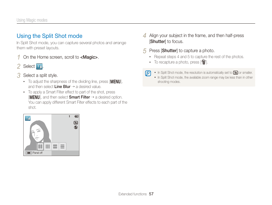 Using the split shot mode, Using the split shot mode ……………… 57 | Samsung EC-DV300FBPUUS User Manual | Page 58 / 168