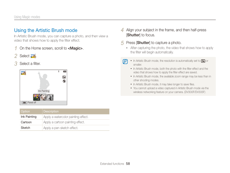 Using the artistic brush mode, Using the artistic brush mode …………… 58 | Samsung EC-DV300FBPUUS User Manual | Page 59 / 168