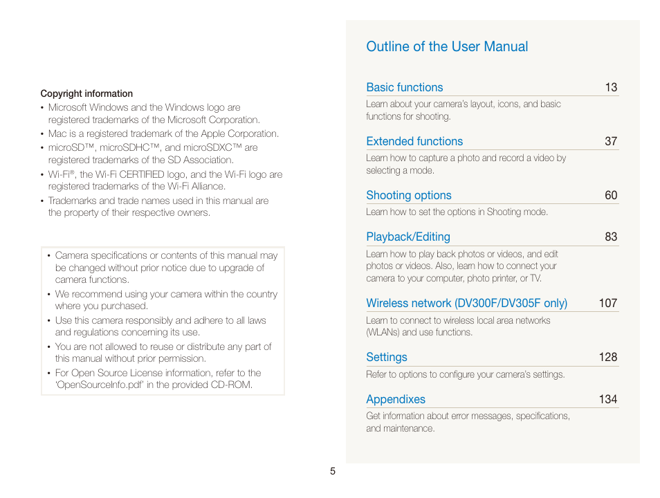 Outline of the user manual | Samsung EC-DV300FBPUUS User Manual | Page 6 / 168