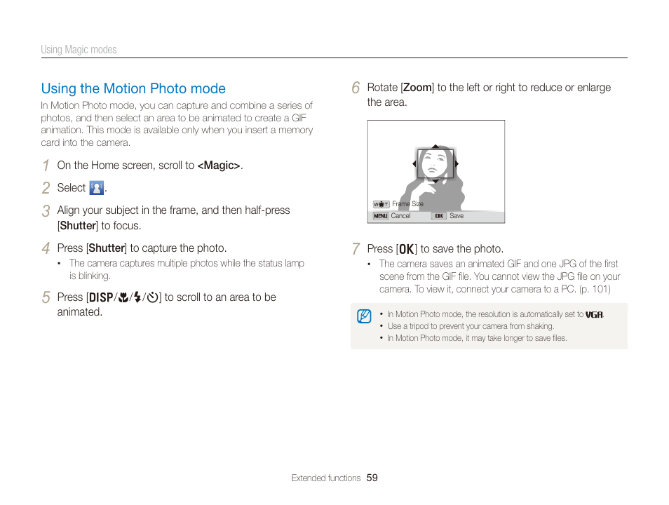 Using the motion photo mode, Using the motion photo mode …………… 59 | Samsung EC-DV300FBPUUS User Manual | Page 60 / 168