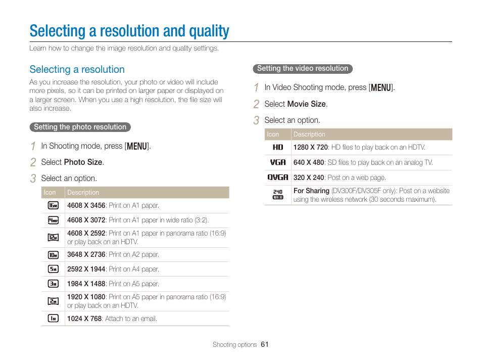 Selecting a resolution and quality, Selecting a resolution, Selecting a resolution …………………… 61 | Samsung EC-DV300FBPUUS User Manual | Page 62 / 168