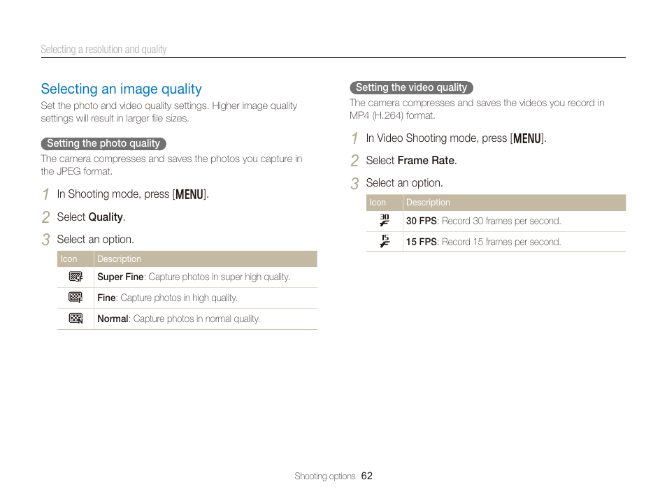 Selecting an image quality, Selecting an image quality ………………… 62 | Samsung EC-DV300FBPUUS User Manual | Page 63 / 168