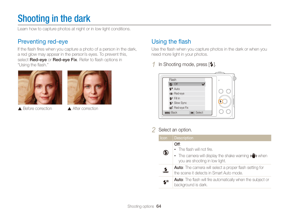 Shooting in the dark, Preventing red-eye, Using the flash | P. 64), Urn on the ﬂash. (p. 64), Using the ﬂash, Preventing red-eye ……………………… 64, Using the ﬂash …………………………… 64 | Samsung EC-DV300FBPUUS User Manual | Page 65 / 168