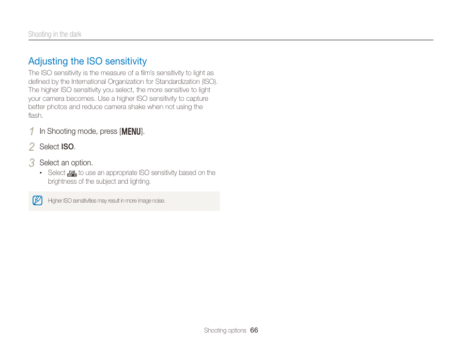 Adjusting the iso sensitivity, Set iso sensitivity options. (p. 66), Adjusting the iso sensitivity ……………… 66 | Samsung EC-DV300FBPUUS User Manual | Page 67 / 168