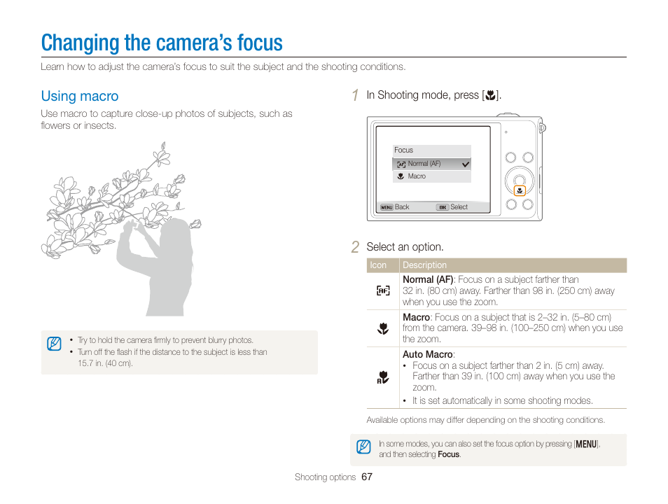 Changing the camera’s focus, Using macro, Using macro ……………………………… 67 | Samsung EC-DV300FBPUUS User Manual | Page 68 / 168