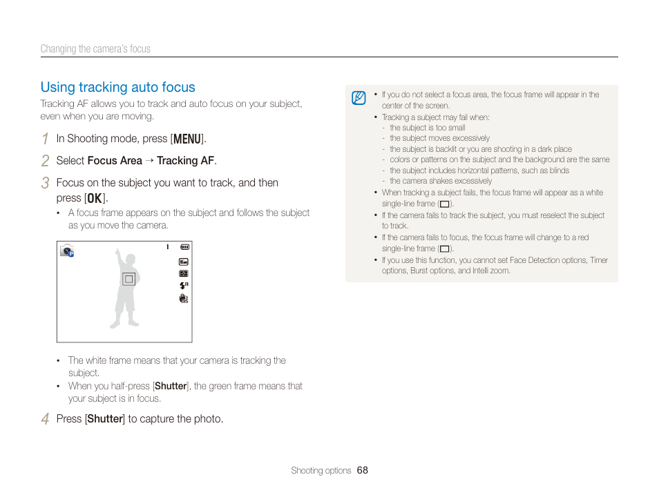 Using tracking auto focus, Using tracking auto focus ………………… 68 | Samsung EC-DV300FBPUUS User Manual | Page 69 / 168