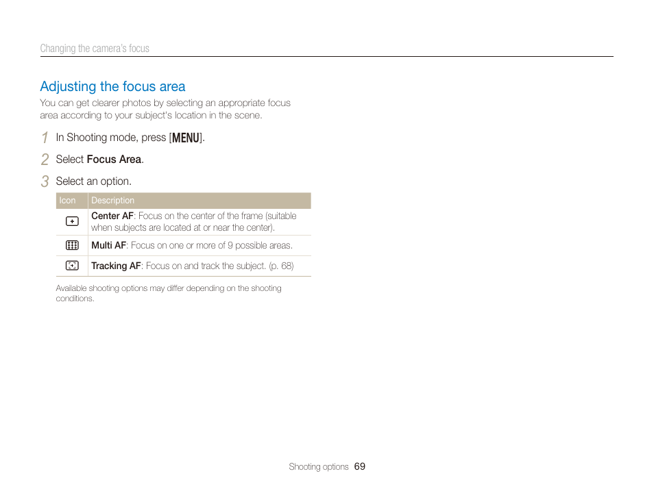 Adjusting the focus area, Adjusting the focus area ………………… 69 | Samsung EC-DV300FBPUUS User Manual | Page 70 / 168