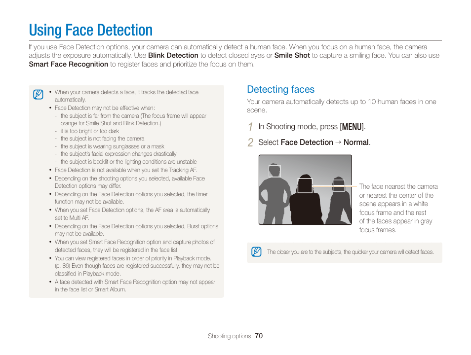 Using face detection, Detecting faces, Detecting faces …………………………… 70 | Samsung EC-DV300FBPUUS User Manual | Page 71 / 168