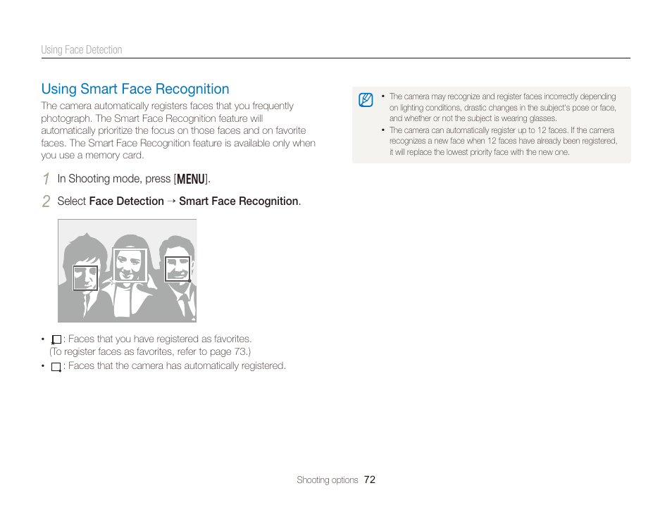 Using smart face recognition, Using smart face recognition …………… 72 | Samsung EC-DV300FBPUUS User Manual | Page 73 / 168