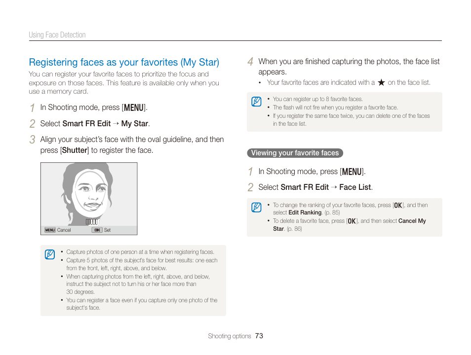 Registering faces as your favorites (my star), Registering faces as your favorites, My star) ………………………………… 73 | Samsung EC-DV300FBPUUS User Manual | Page 74 / 168