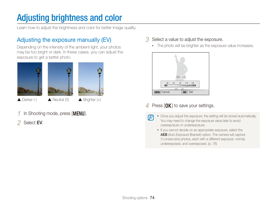 Adjusting brightness and color, Adjusting the exposure manually (ev), Adjust the exposure. (p. 74) | Adjusting the exposure manually (ev) …… 74 | Samsung EC-DV300FBPUUS User Manual | Page 75 / 168