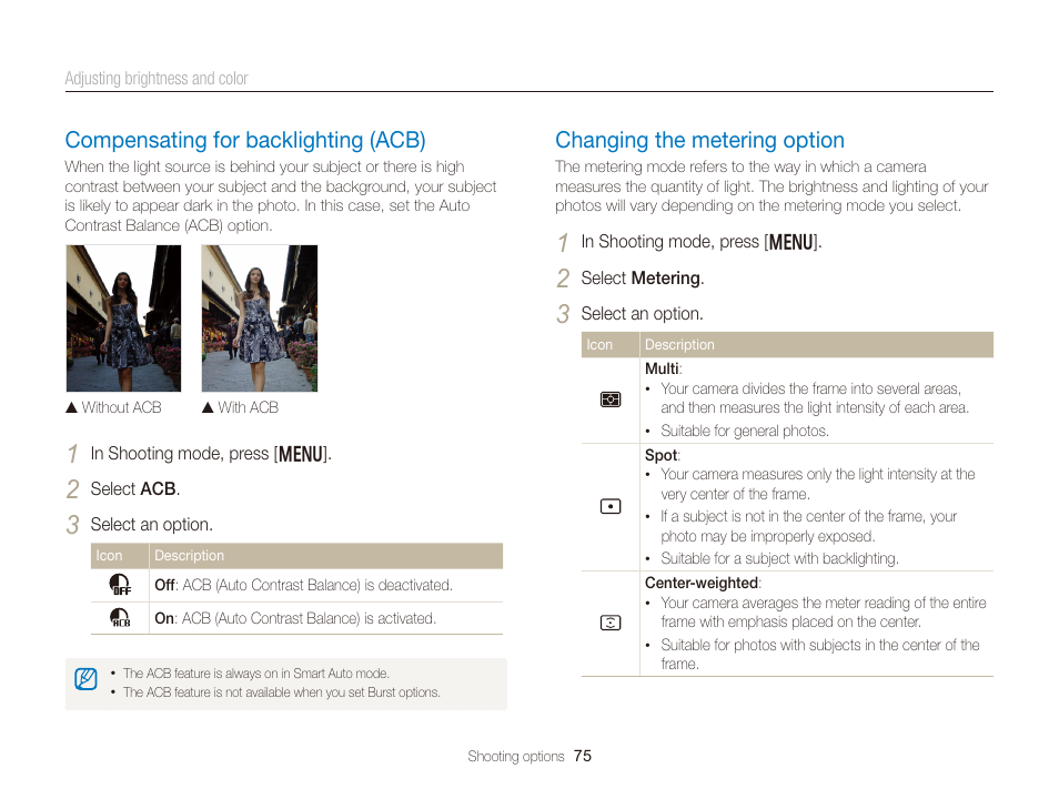 Compensating for backlighting (acb), Changing the metering option, Option. (p. 75) | Compensating for backlighting (acb) …… 75, Changing the metering option …………… 75 | Samsung EC-DV300FBPUUS User Manual | Page 76 / 168