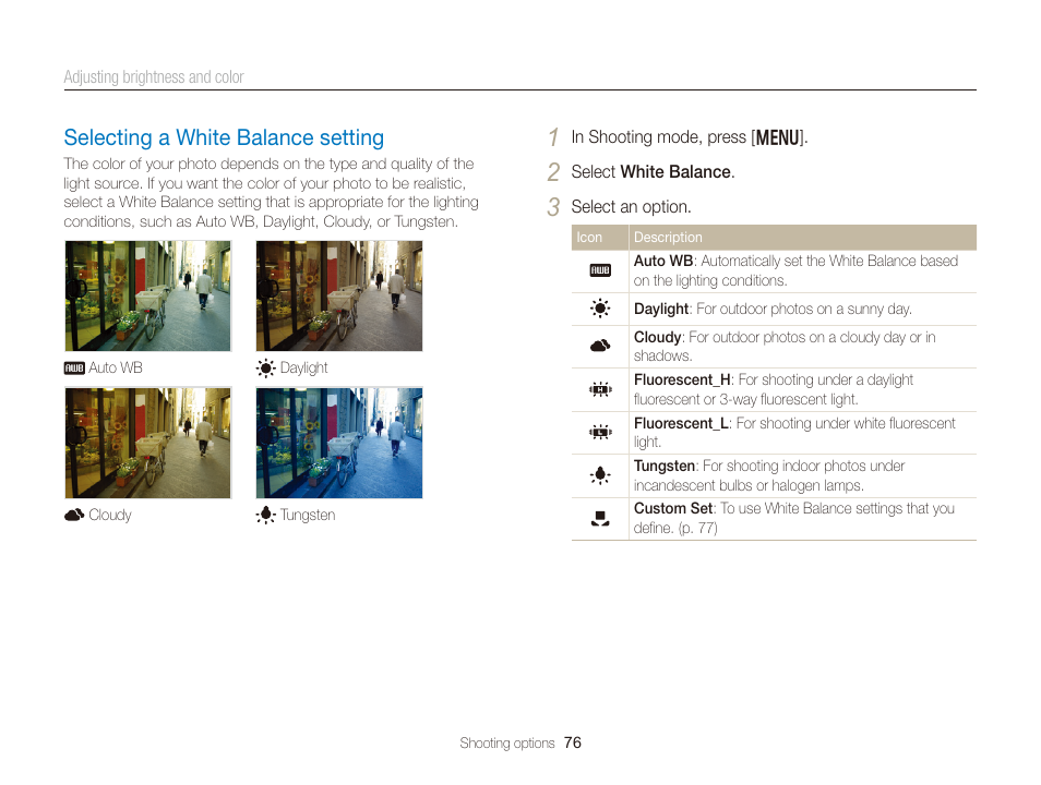 Selecting a white balance setting, Selecting a white balance setting ………… 76 | Samsung EC-DV300FBPUUS User Manual | Page 77 / 168